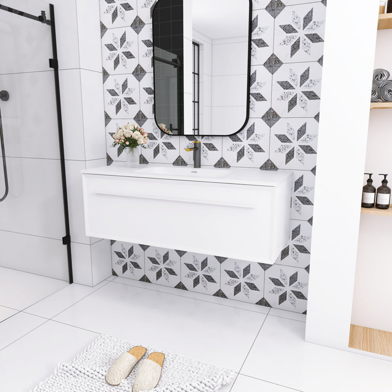 48 in. White Plywood Wall-Mounted Single Sink Vanity with Solid Surface Top