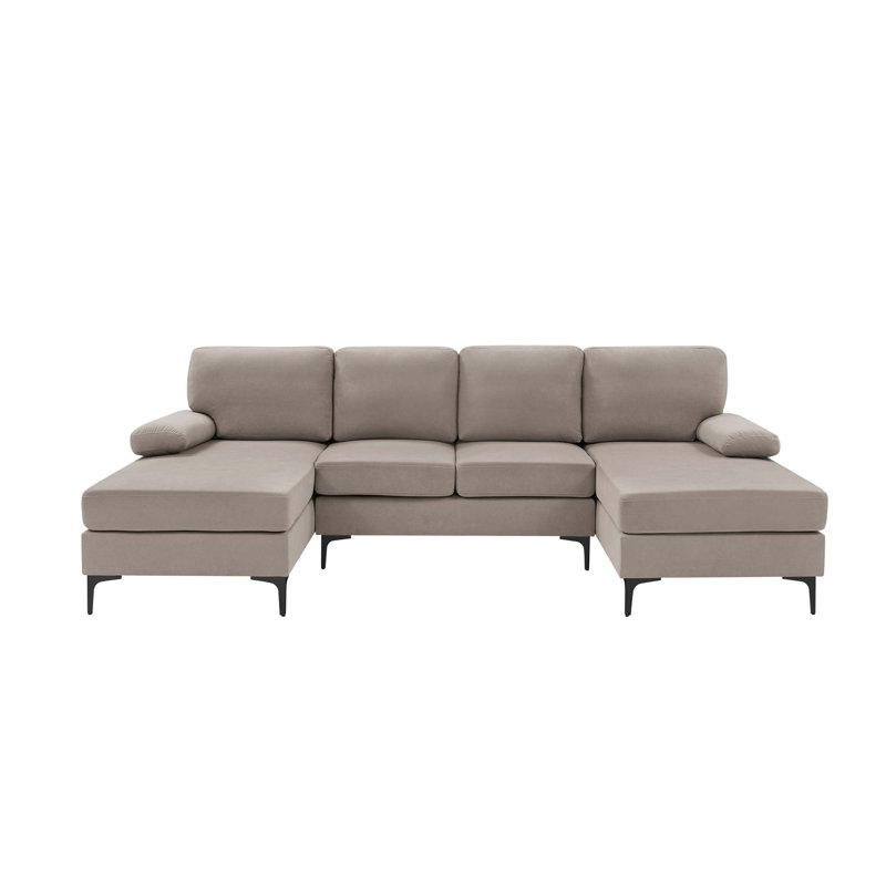 Polyester Blend Upholstered U-Shape Sectional with Metal Legs, Khaki Polyester