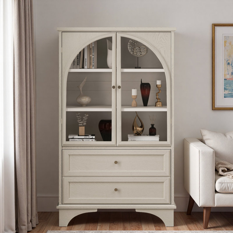 Armoire de rangement vitrée avec 2 tiroirs et tablettes réglables, Blanc rétro