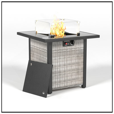 Élégante table de foyer d'extérieur au propane de 28 pouces, aspect rotin et osier, foyer en verre trempé au gaz de 50000 BTU avec pare-brise en verre pour l'extérieur du patio et du jardin (gris et blanc)