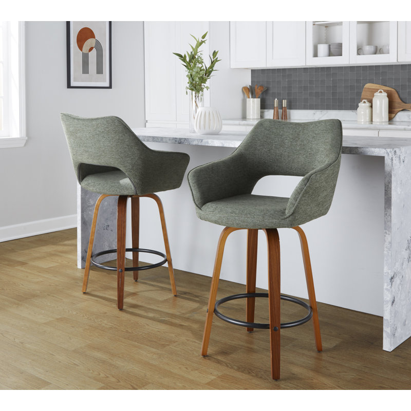 Sarah Fixed-Height Fabric Bar & Counter Stool with Bent Wood Legs & Round Footrest, Counter Stool (26" Seat Height)