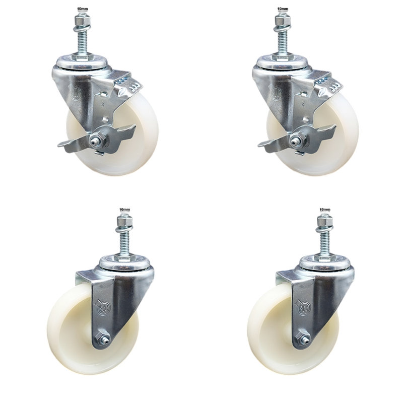 Ensemble de roulettes à tige filetée en nylon 4 pouces pivotant de 10 mm et 4 freins SCC