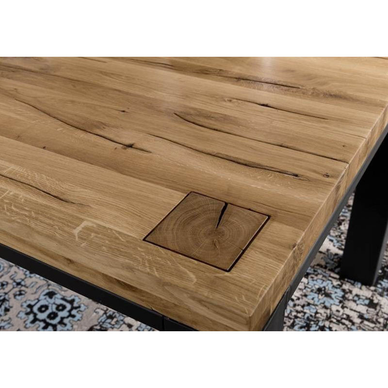 Villanders Oak Solid Wood Top Metal Base Dining Table, 76cm H x 260cm W x 100cm D, Ecru
