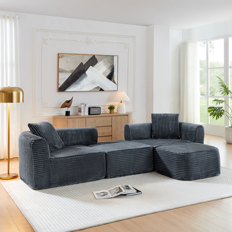 Canapé modulaire en L 114 po sans méridienne avec méridienne et canapé rembourré 114 po., Gris