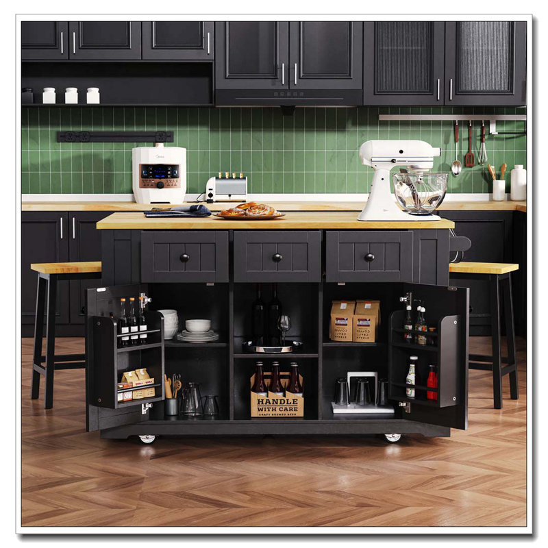 53-inch Kitchen Island Set with 2 Bar Stools, Drop Leaf & Power Outlet (Three Packages), Black