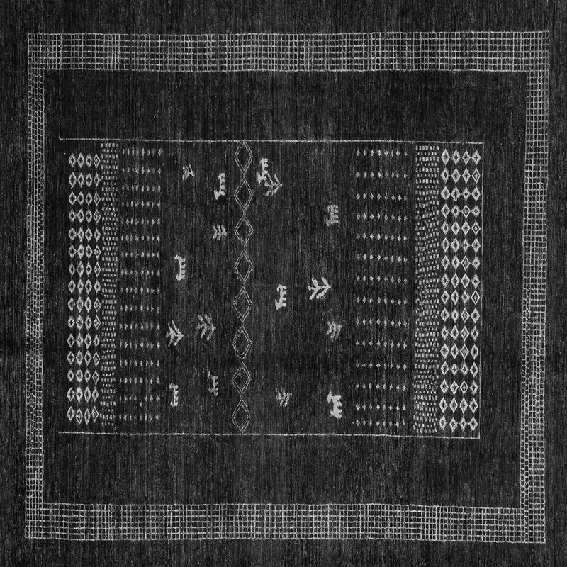 Tapis oriental en laine / polyester tissé à la machine Chamika en gris / noir, Carré 7 pi