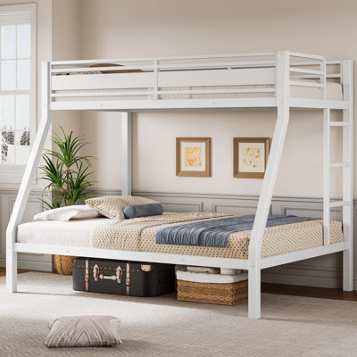 Metal Bunk Bed Twin Over Full For Adults & S, Industrial Bunkbeds Heavy Duty Bed With Safety Guardrail & Ladders,white