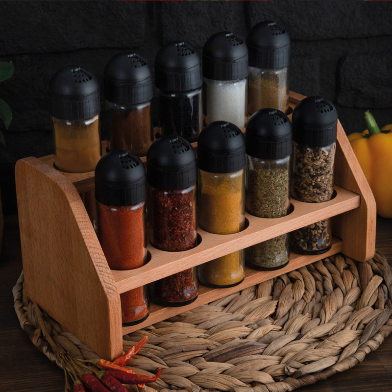 Freestanding Wood Spice Jar & Rack Set