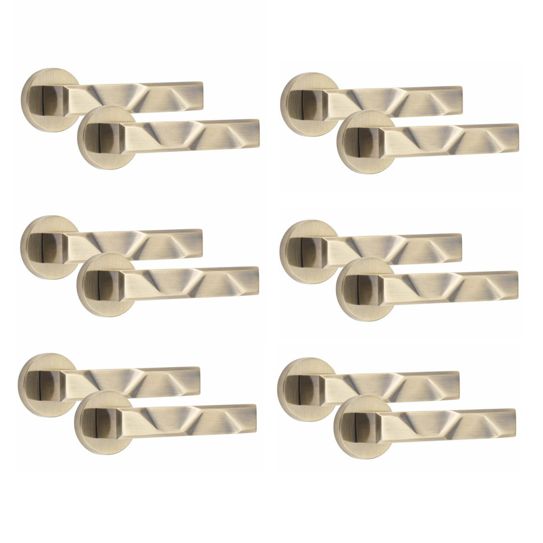 6 Pairs Modern Nova Design Premium Door Handles on Round Rose in Antique Brass Finish