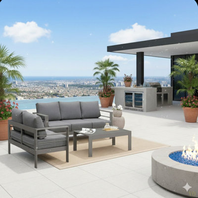 Ensemble de conversation moderne en aluminium 3 pièces pour patio, canapé 5 places avec coussins épais et structure et table basse