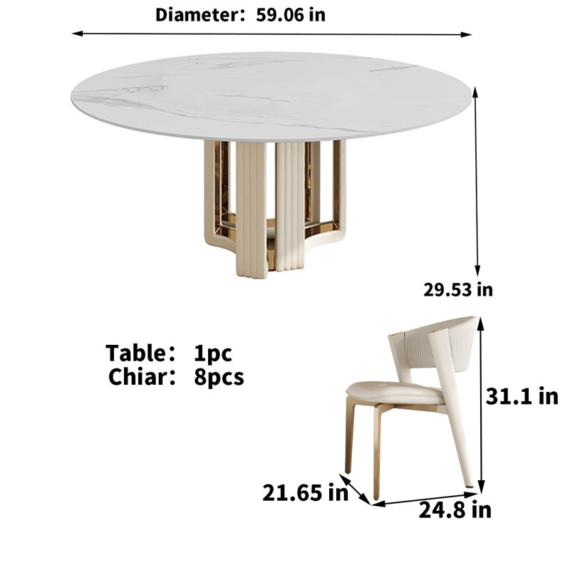 Nordic Style Light Luxury Rock Plate Round Table 8 - Person Pedestal Dining Set, 9 Pieces: Table, 8 Chairs