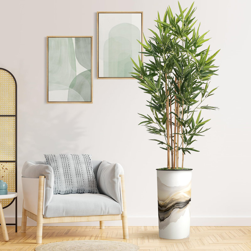 Artificial Tree in Black White Wood Tree Rings Pattern Planter Fake Bamboo Silk Tree, Abstract Land Yellow
