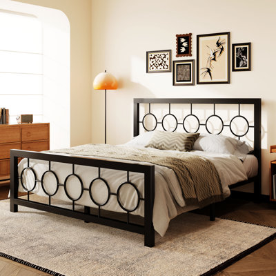 Lit plateforme vintage en métal Avren avec tête et pied de lit, design géométrique, sommier non requis