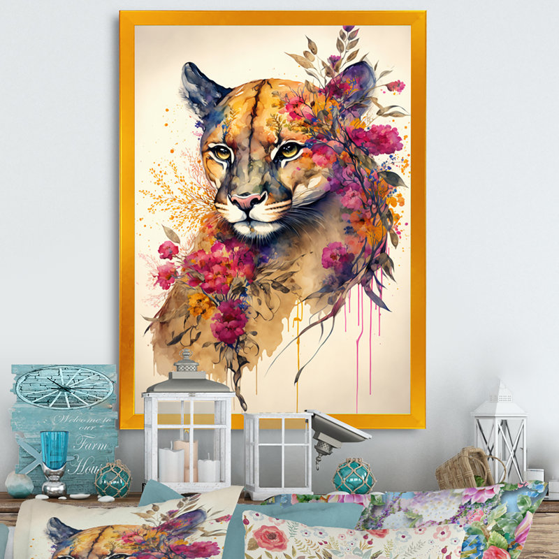 «Cute Puma Floral Art II», peinture sur toile, Impression dorée sur toile encadrée, H 32 po x l 16 po x P 1 po