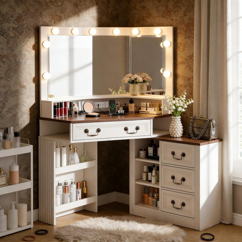 Bureau de coin de meuble-lavabo avec miroir à 3 voies et lumières