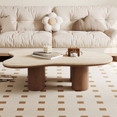 48“ Modern Wood Coffee Table, Beige Sintered Stone Top, Solid Wood Legs