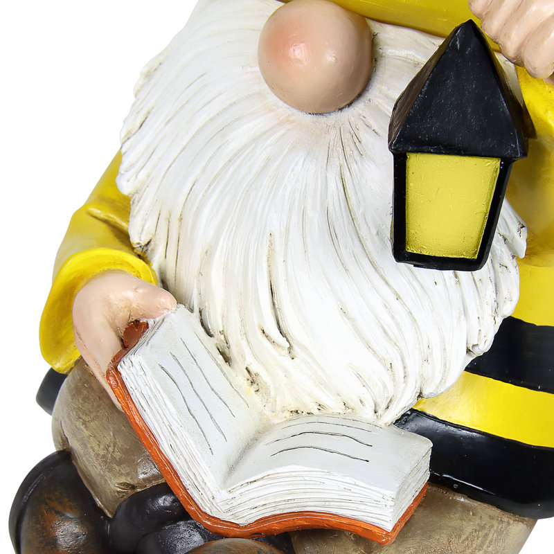 Hand Painted Solar Beekeeper Garden Gnome with Lantern and Book