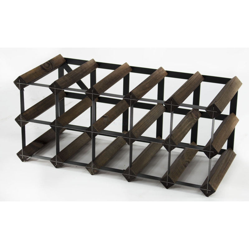 Liddle 15 Bottle Floor Wine Bottle Rack, Dark Oak Stained Pine / Black Steel