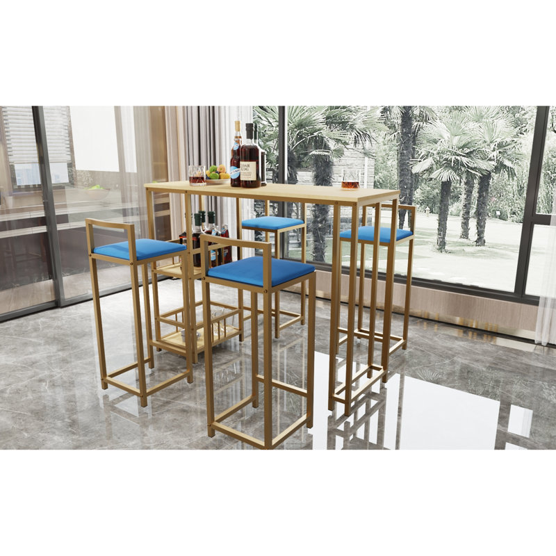 -piece bar table and chair set with gold frame, multi-layer tabletop, sponge cushions, beige and blue upholstery