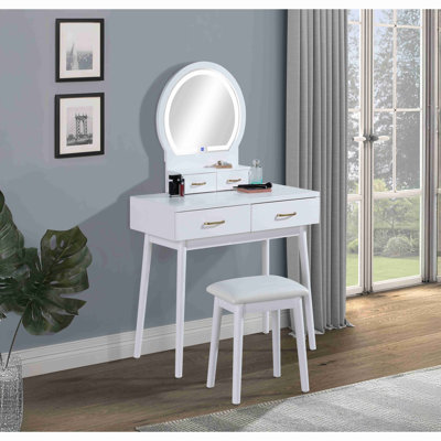 Ensemble de coiffeuse et de tabouret 3 pièces avec miroir à DEL intégré et tabouret rembourré assorti avec poignées ornées de meubles en bois