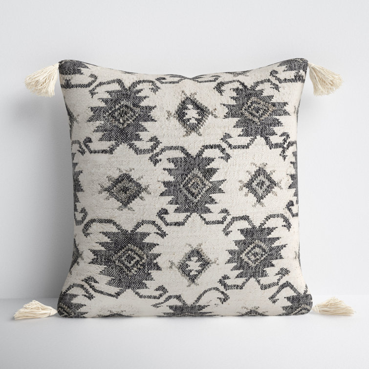 Handmade Throw Pillow with Tassels & Lines | Black + White