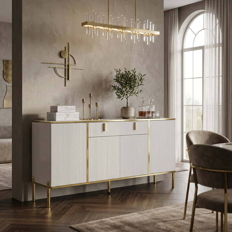 Jenkinsburg 63" Modern Sideboard with Gold Legs and Fluted Doors, Buffet Cabinet for Entryway or Living Room, White
