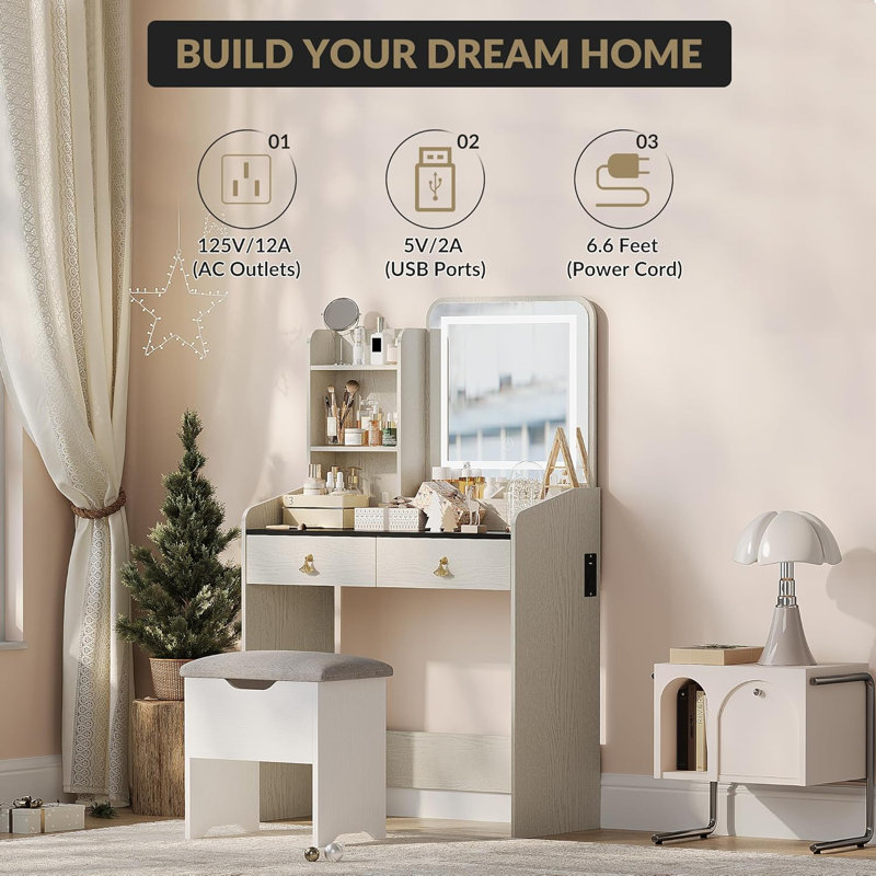 Small Vanity Desk with LED Mirror & Stool, Compact Makeup Table for Bedroom, White