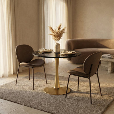 Table de salle à manger Bristol moderne avec plateau en panneau de fibres à densité moyenne et piédestal en acier inoxydable