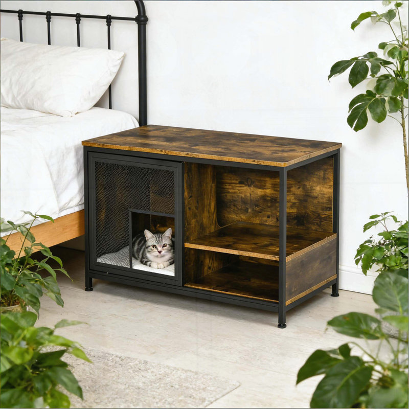 Table de bout Pet House - Maison pour chat en bois avec porte coulissante et fenêtres en acier