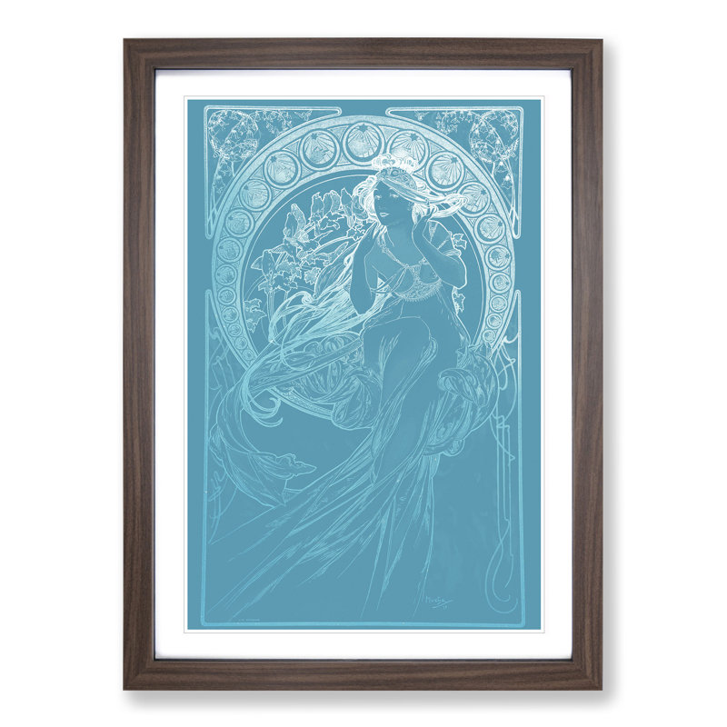 Mucha in Blue by Alphonse Mucha - Picture Frame Painting, 48cm H x 36cm W x 2cm D, Walnut Framed