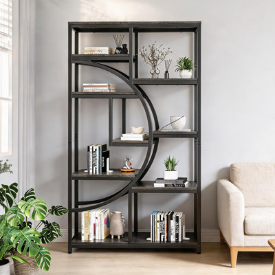 Bibliothèque autoportante en métal et en bois, étagères de rangement pour le bureau, noir et gris froid, rangement géométrique de 68,5 pouces de hauteur