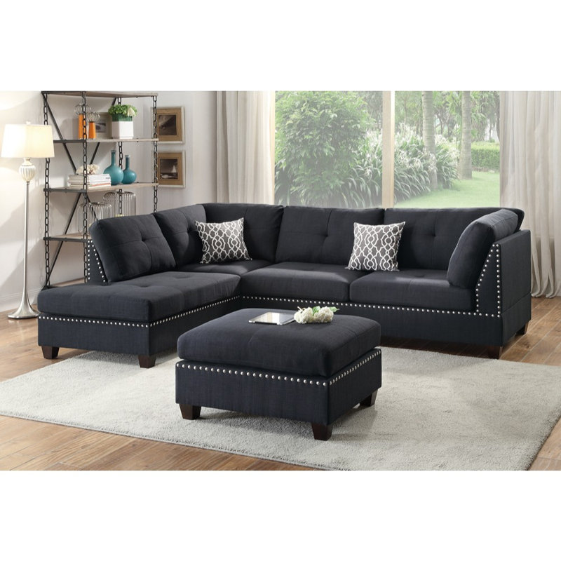 Canapé et méridienne réversible avec repose-pieds Ridwan, Mélange de polyester noir, L 104 po x P 75 po