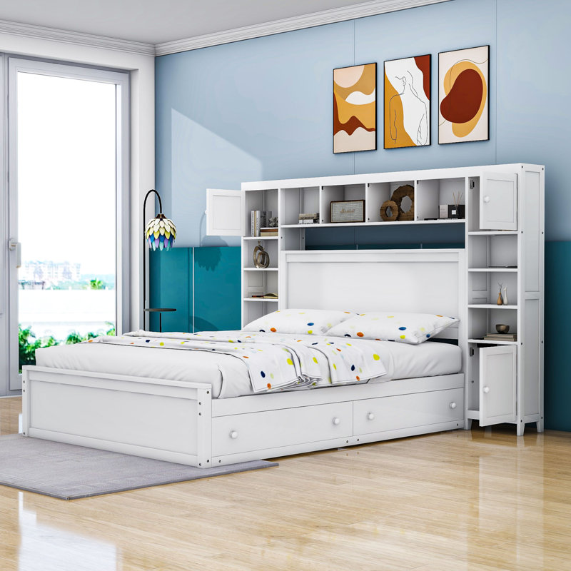 4 Drawers Wood Platform Bed with Cabinet, White