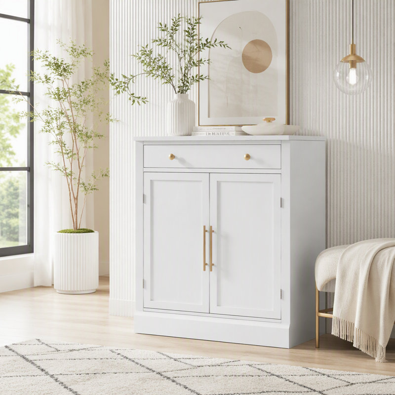 Armoire de cuisine autoportante avec plateau en faux marbre, White