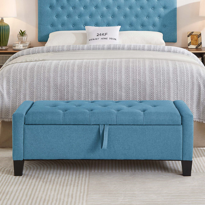 Linen Upholstered Ottoman Bench With Storage And Safety Hinge For Bedroom Living Room, Light Blue