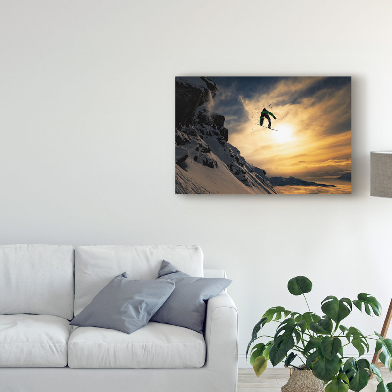 Art mural sur toile tendue - Jakob Sanne, art mural «Sunset Snowboarding» pour le salon, la chambre à coucher ou le bureau - 22 x 32