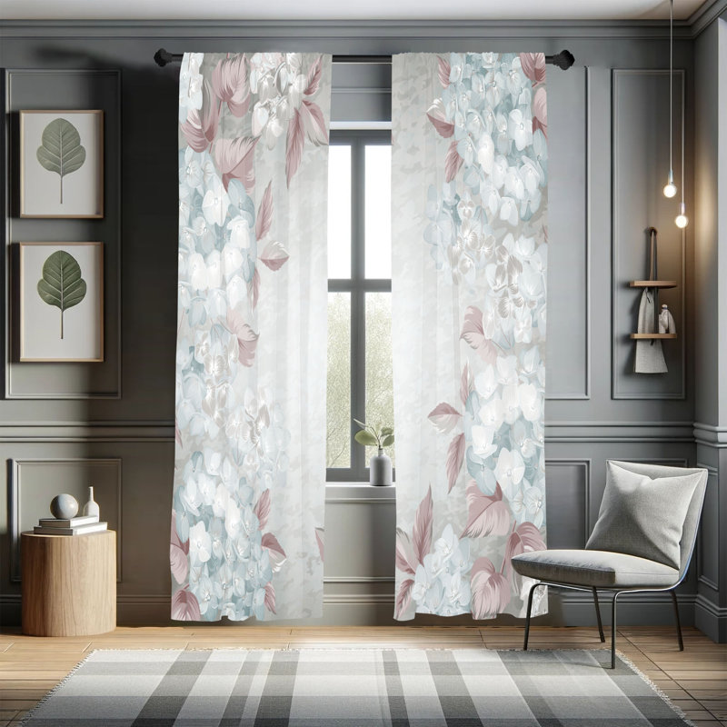 Ebern Designs, rideaux floraux, bouquet de fleurs, art rétro, L 28 po x L 84 po, Menthe pâle