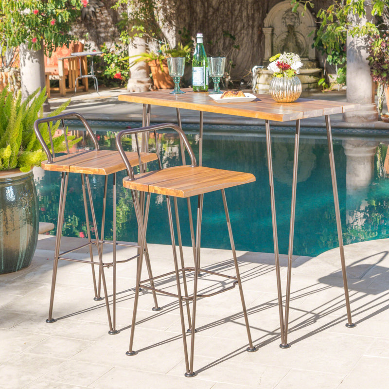  3-Piece Outdoor Industrial Bar Set, Teak Finished Acacia Wood Table and 2 Stools with Iron Hairpin Legs, Brown