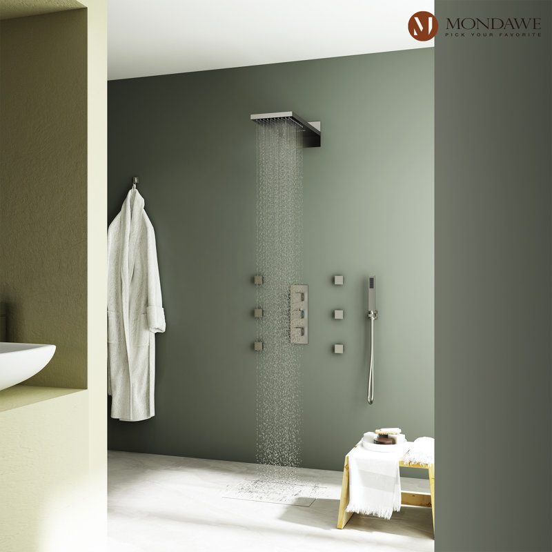 Système de douche complet thermostatique avec valve brute Herathena, Nickel brossé