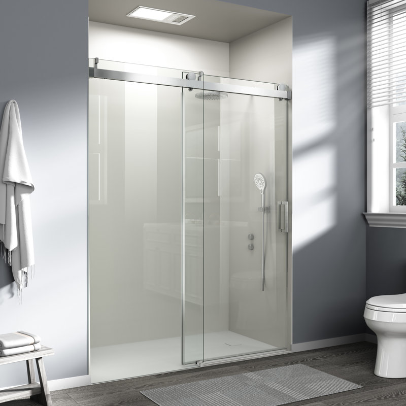 Porte de douche coulissante simple de conception minimaliste, réglable de 56 à 60 pouces de largeur, 76 pouces de hauteur, verre trempé de 1/4 po de 6 mm, fermeture en douceur et en douceur, matériau d'étanchéité très haut, coulissant à l'épreuve de la fermeture, fini