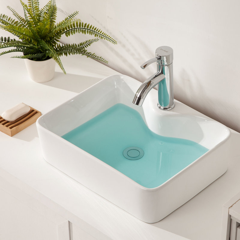Lavabo de salle de bain 19 po x 15 po en céramique blanc moderne - rectangulaire, teinté, sur comptoir 19 po x 15 po, blanc, teinté