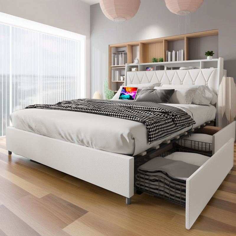Structure de lit ergonomique rembourrée avec chargeur et éponge Eva Mute, Blanc