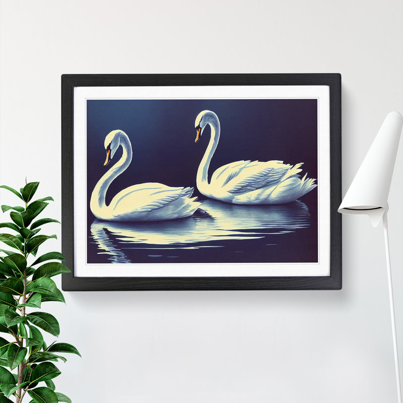 Two Swans - Single Picture Frame Print, Black Framed, 34cm H x 46cm W x 2cm D