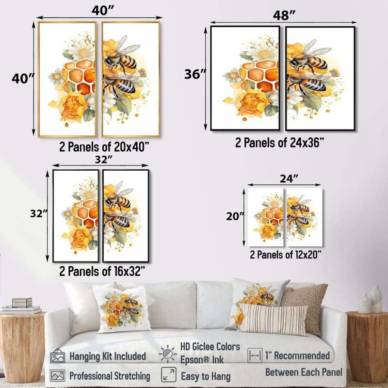 Floral Bee IV - 2 panneaux décoratifs animaux, Black, 36" H x 48" W, Impression encadrée flottante