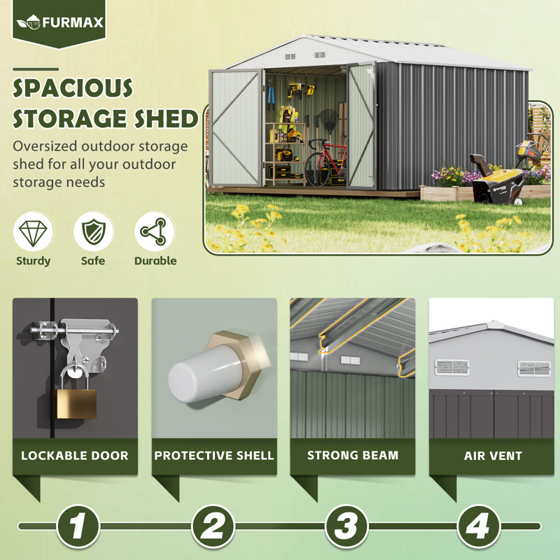 10 ft. W X 8 ft. D Outdoor Metal Storage Shed for Garden Patio Furniture and Tools, Gray/White