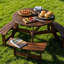 Table de pique-nique d'extérieur ronde pour 6 personnes avec 3 bancs intégrés, trou pour parasol et surface imperméable, marron