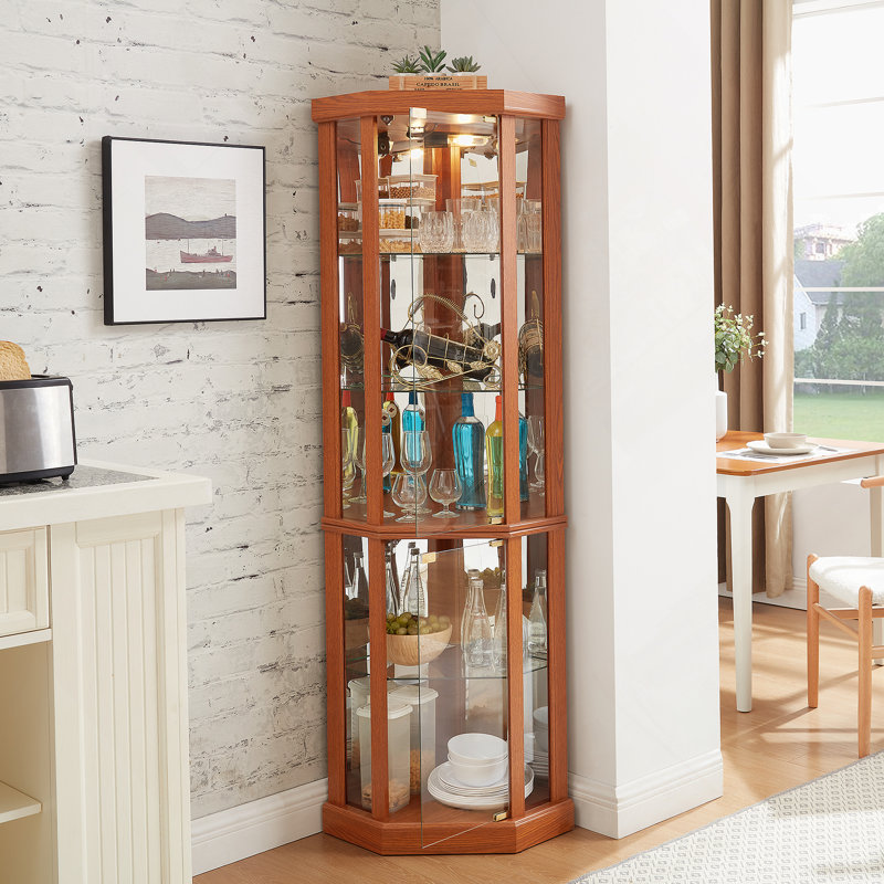 Corner Lighted Curio Cabinet With Adjustable Glass Shelves And Mirrored Back, Ideal For Displaying Antiques, Wine, And More In Living Rooms