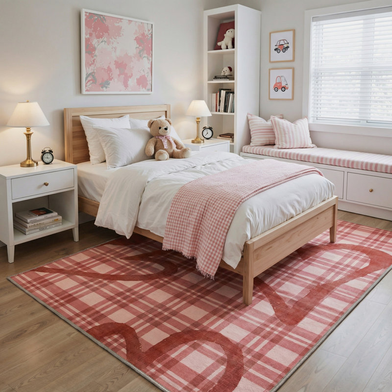 Preppyt Aesthetic Heart & Plaid  Machine Washable Red Indoor Area Rug with Non-Slip Backing, Rectangle 6' x 9'
