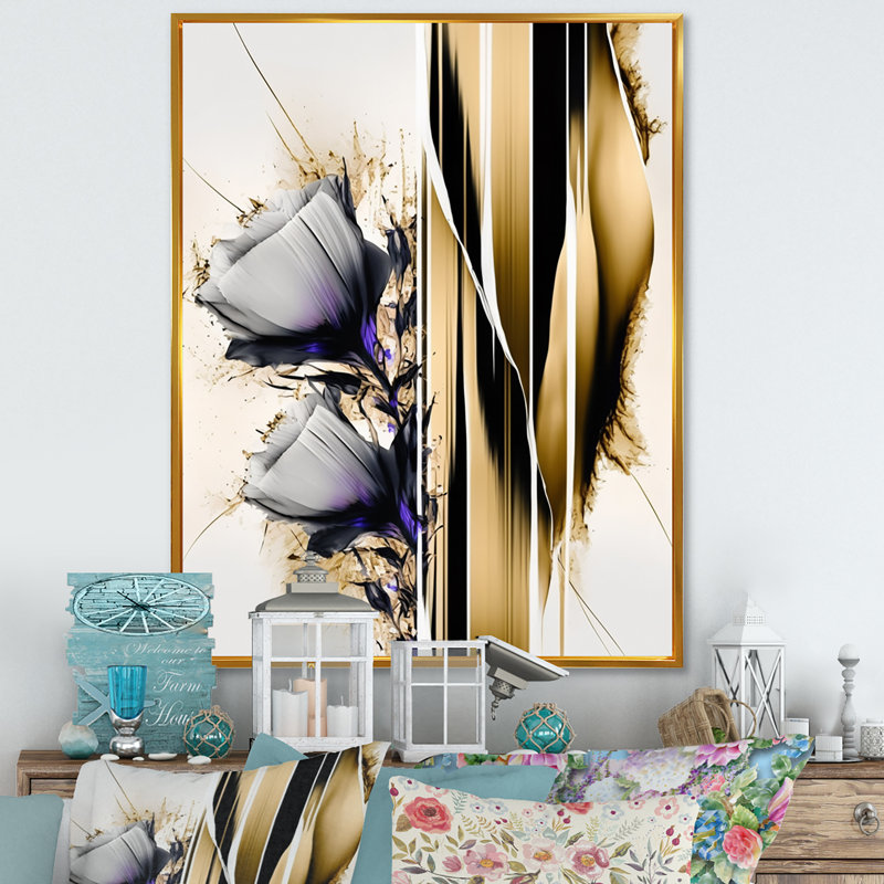 Fleur mauve sur une peinture abstraite I - Peinture sur toile, H 40 po x l 30 po x P 1,5 po, Toile avec cadre flottant or