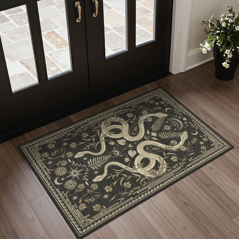 Animal Print Machine Washable Beige/Black/Green Indoor Area Rug With Non-Slip Backing, Rectangle 6' x 9'